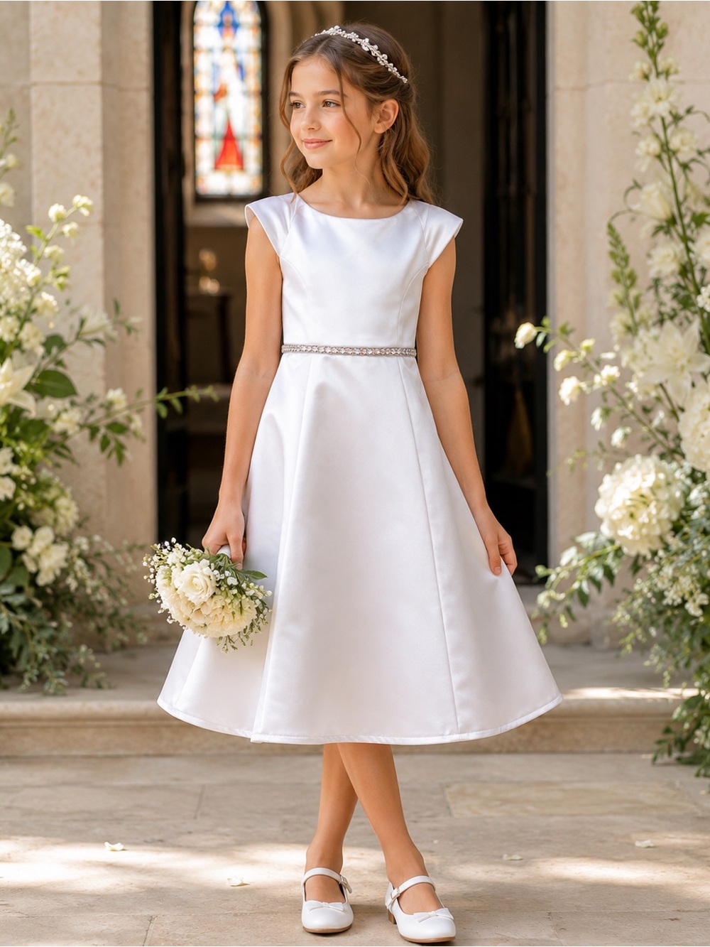 Girls White Satin Communion Flower‎ Girl Dress Rhinestone Waist NWT Sz 10